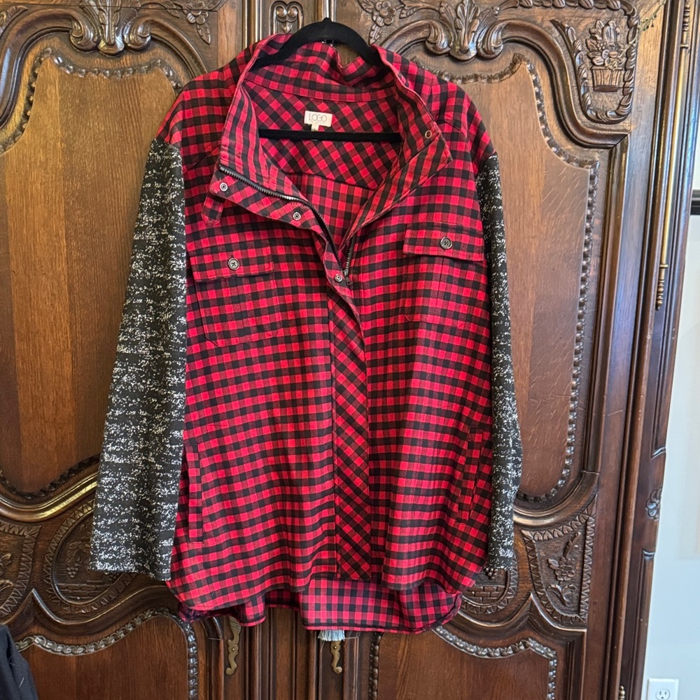 LOGO by Lori Goldstein Red and Black Plaid Utility Jacket